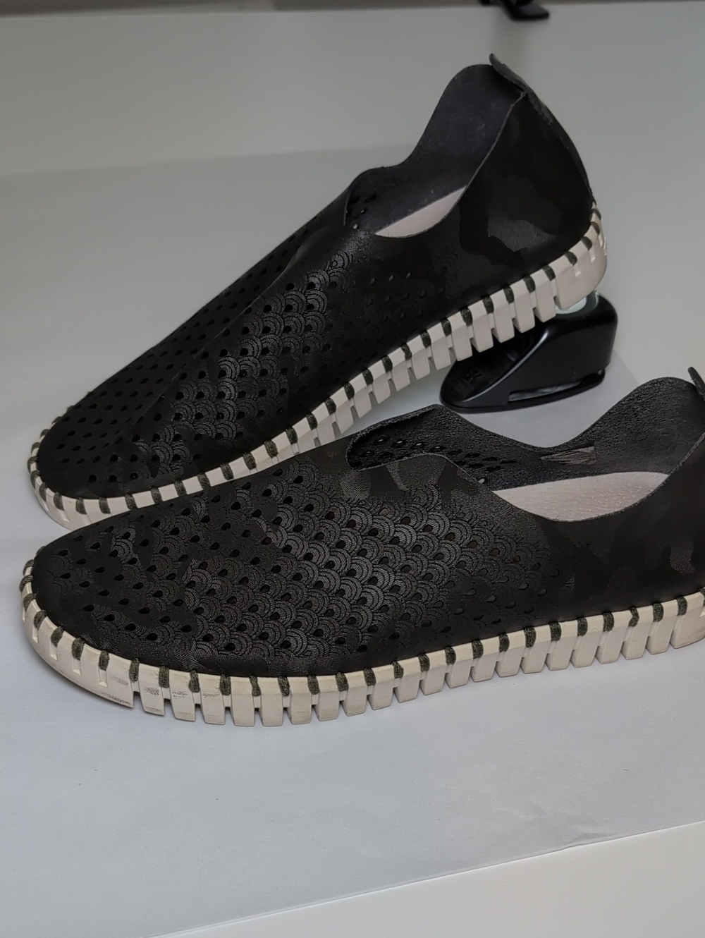 Ilse Jacobsen Black Slip-On Perforated Loafers with White Sole